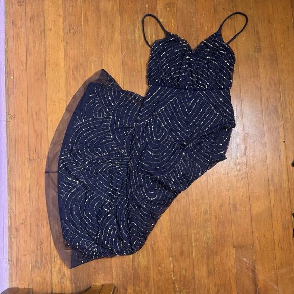 ADRIANNA PAPELL Navy Beaded Gown Embellished Slip Dress Fairy Whimsygoth Mesh 8 - Picture 3 of 8